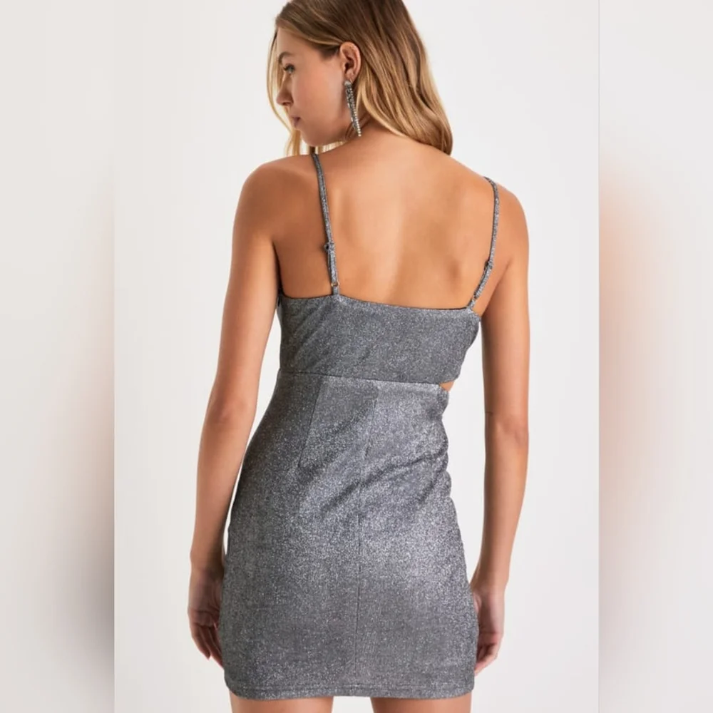 Lulus Forever A Diva Shiny Silver Metallic Lurex Cutout Mini Dress Womens Size S